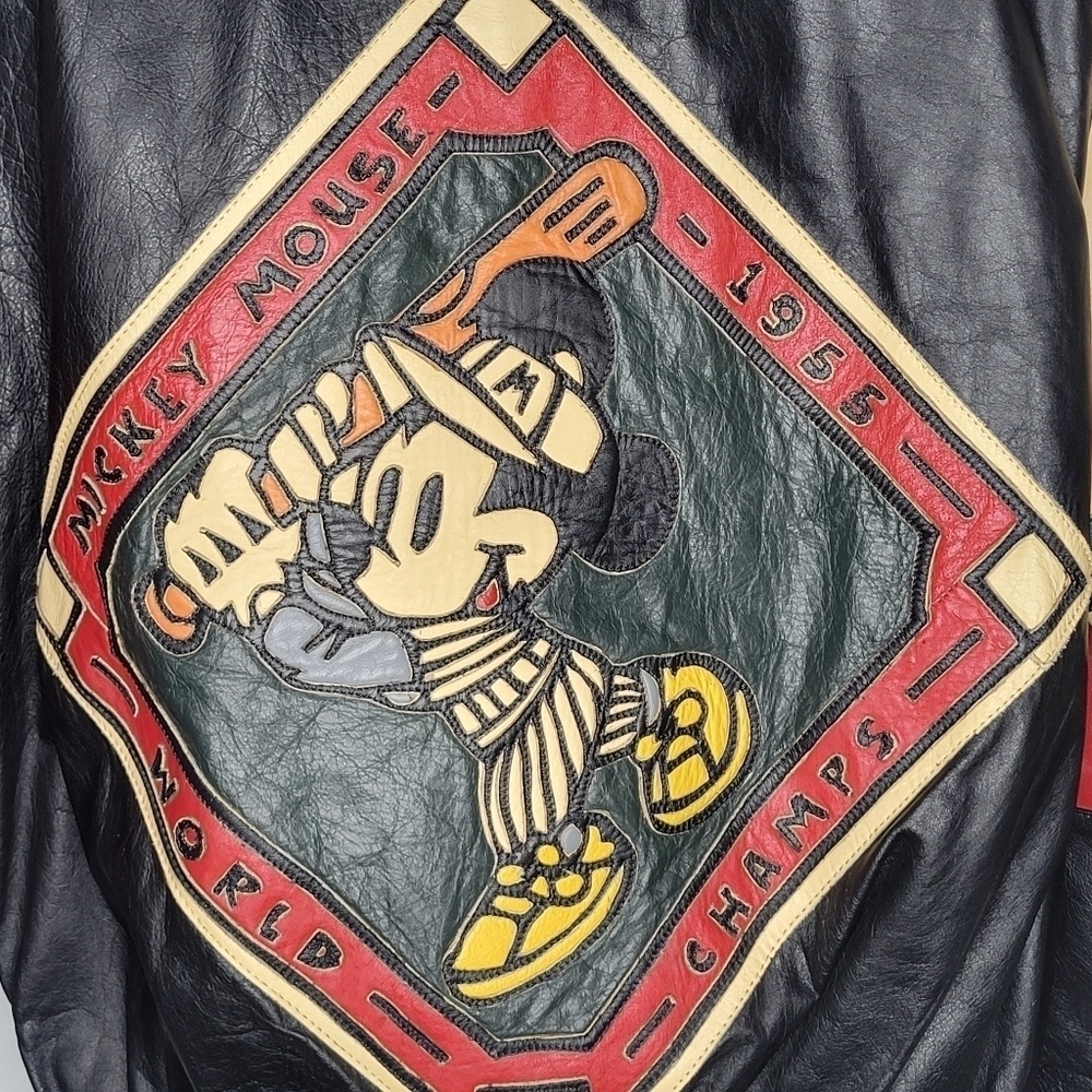 Vintage Jeff Hamilton Disney Mickey Mouse World Champs Leather Bomber Jacket - Picture 2 of 8